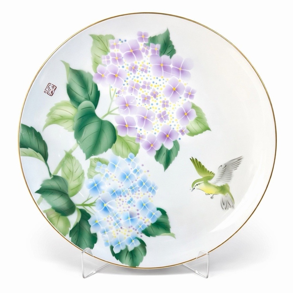 Fukagawa‎ Porcelain Arita Japan Hydrangea Hummingbird Plate 10.25" Gold Rim